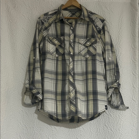 Casual Plaid Button-Down Shirt in Gray and Cream - Picture 1 of 3